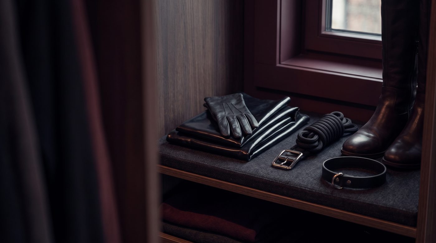 Materiales fetichistas de cuero, látex, botas y collar en un vestidor oscuro