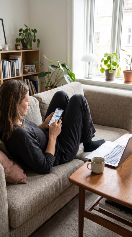 Creadora adulta contestando mensajes de chat erótico en su móvil