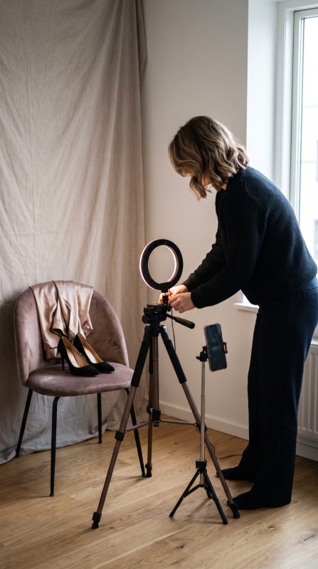 Espacio de creación en casa con trípode, móvil y aro de luz
