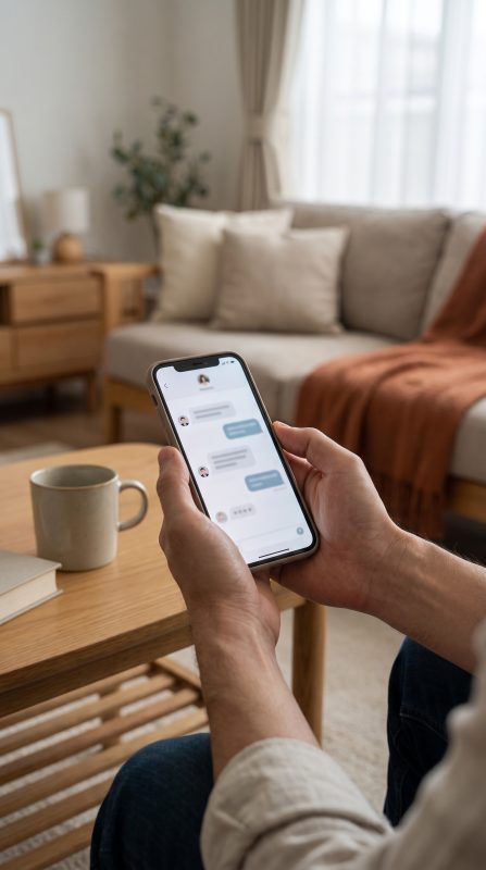 Persona adulta usando un chat privado en el móvil con tranquilidad en casa